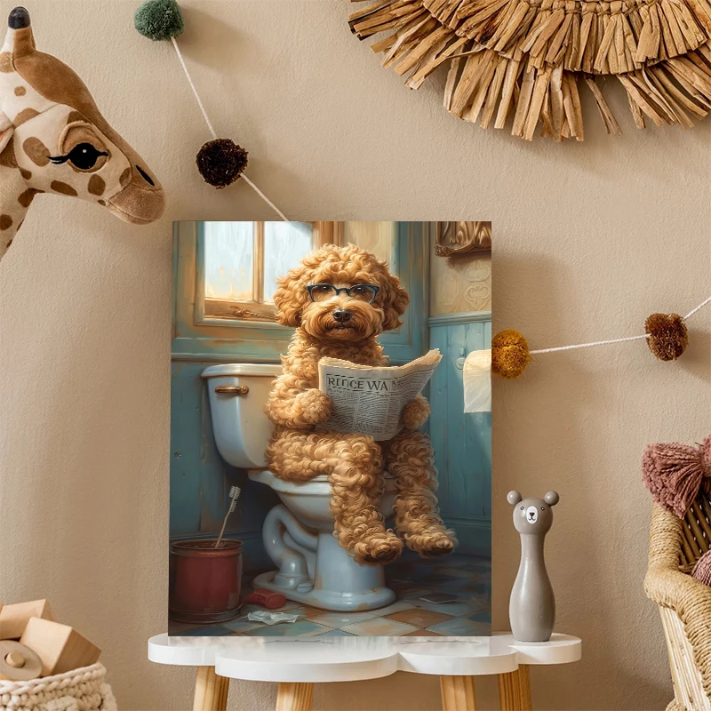 （With Frame) Funny Dog Reading Newspaper on Toilet Canvas Wall Art Cute Pet Dog Print Humorous Vintage Bathroom Decor Poster