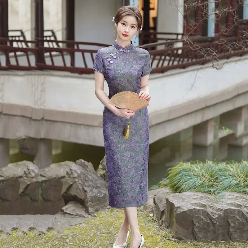 2024 New National Style Old Shanghai Qipao Long Cheongsam Elegant Women Jacquard  High Slit Slim Dress Female Performance Dress