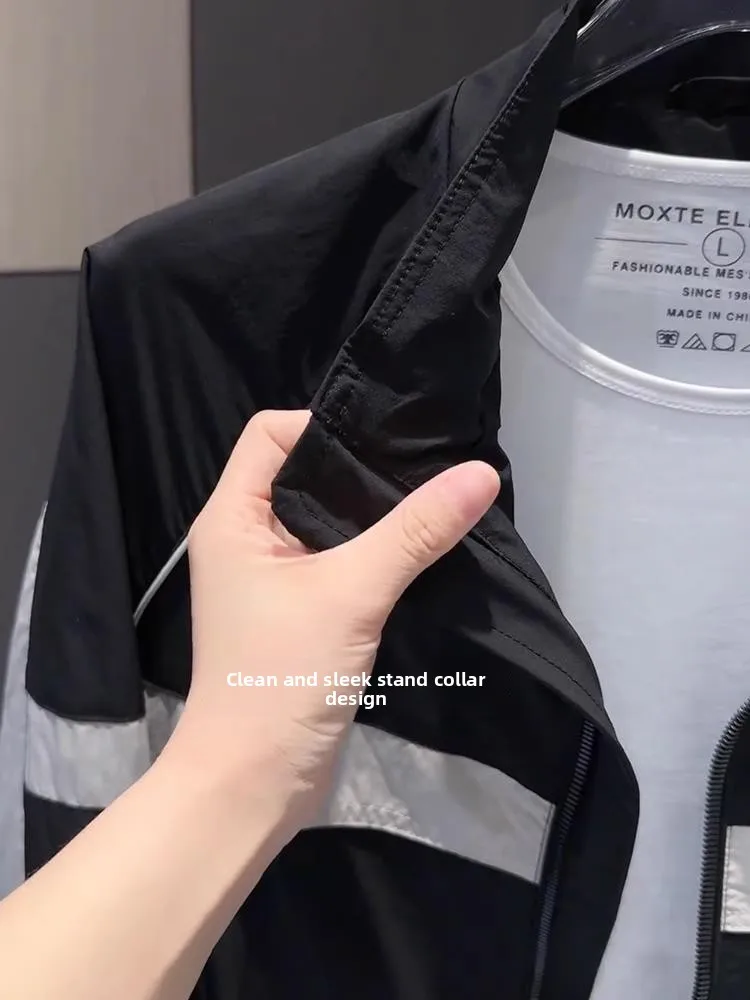 

Spring Autumn New Men's Color Blo Casual Jaet Faion Simple Top Trendy Versatile Matching Outerwear Stand Fit Long Sl...