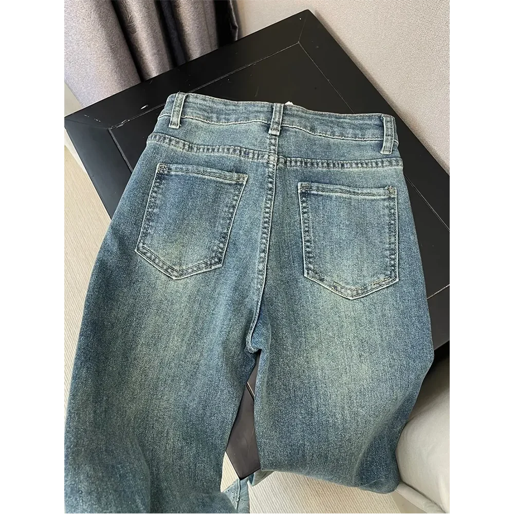 Vaqueros Retro lavados con incrustaciones de diamantes para mujer, pantalones de pierna recta de cintura alta con diseño de primavera, pantalones vaqueros de pierna ancha holgados a la moda