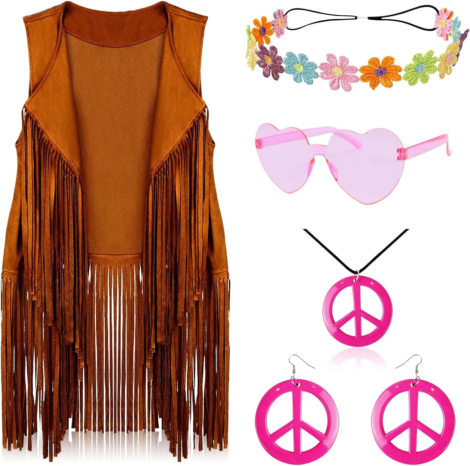 

60s 70s Outfits for Women Hippie Costume Set Peace Sign Earring Headband Fringe Vest Tassel Cardigan