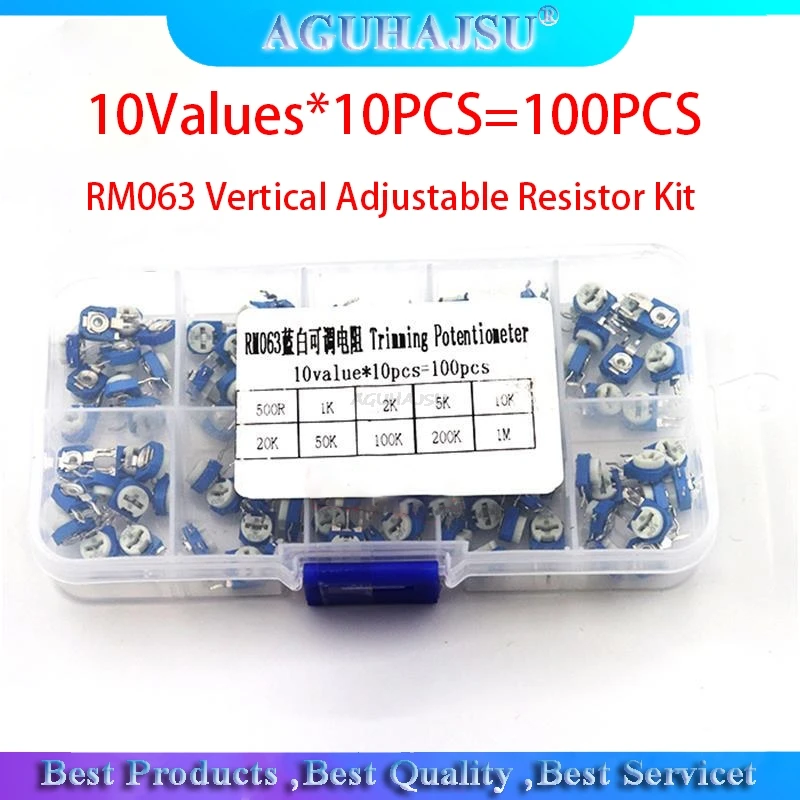

10Values*10PCS=100PCS RM063 Vertical Adjustable Resistor Kit In Box 500 ohm-1M ohm Multiturn Trimmer Potentiometer Set