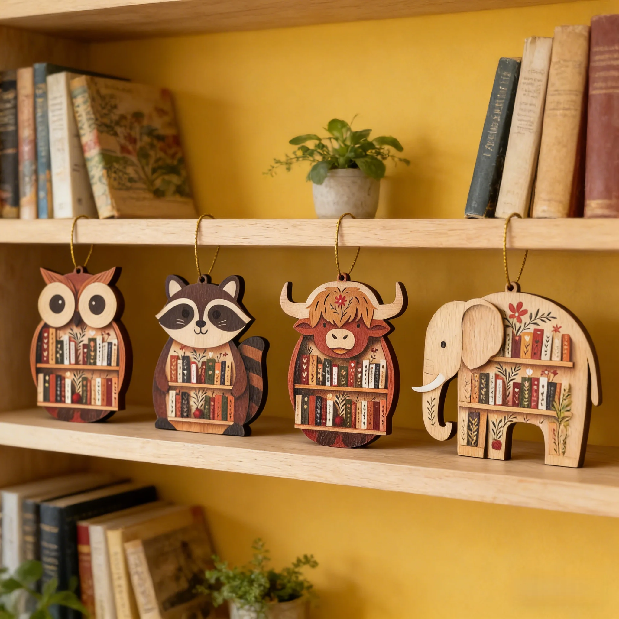 Wooden Animal Bookcase Wall Hanging – Vintage Literary Décor, Flat Lay Prop, Party Decoration, Home Ornament, Gift for Book Love