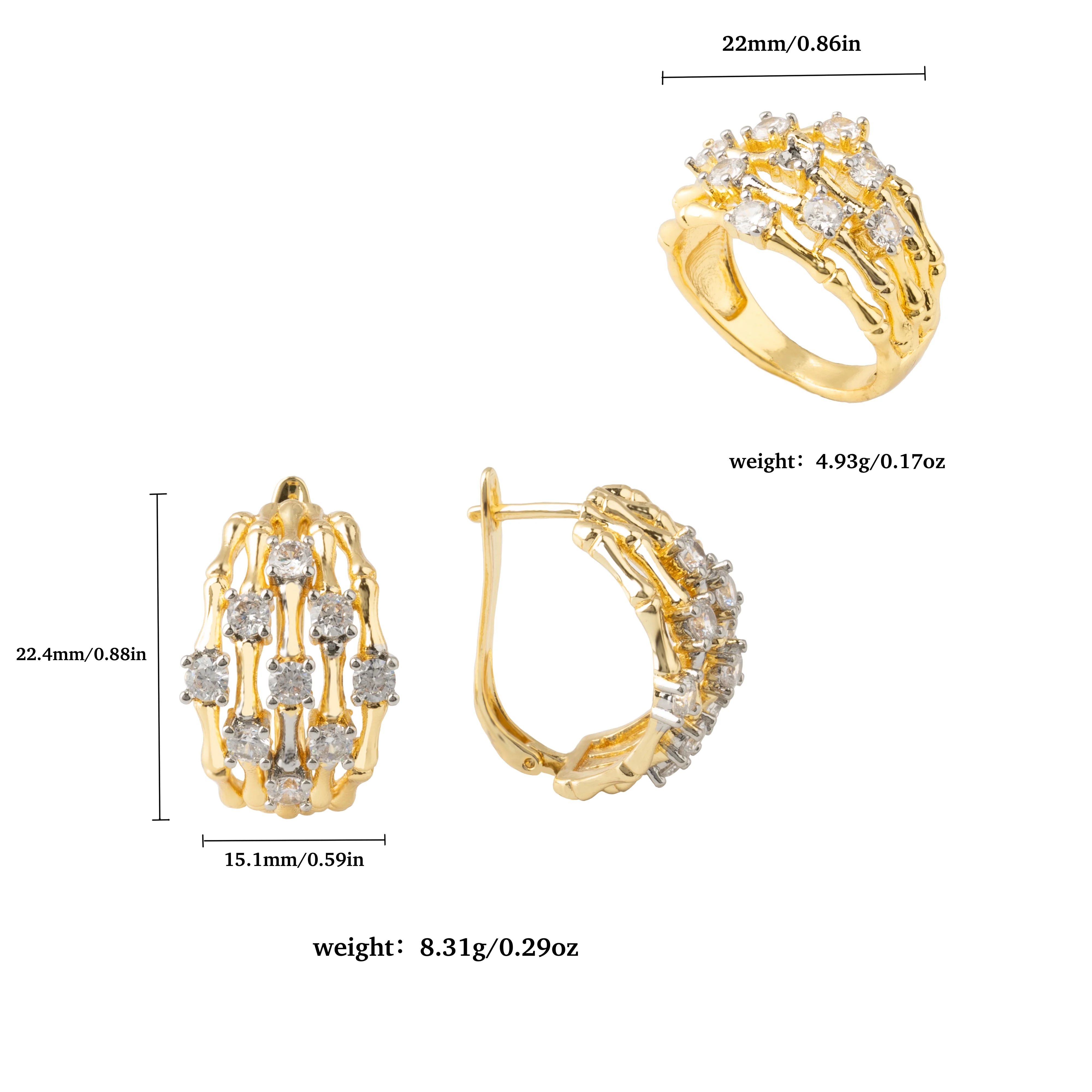 Charm Bamboo joint Shape Fashion Hoop Earrings Ring Sets For Women Copper 14K 2 Color Plating Gold Special Elegant Accessories