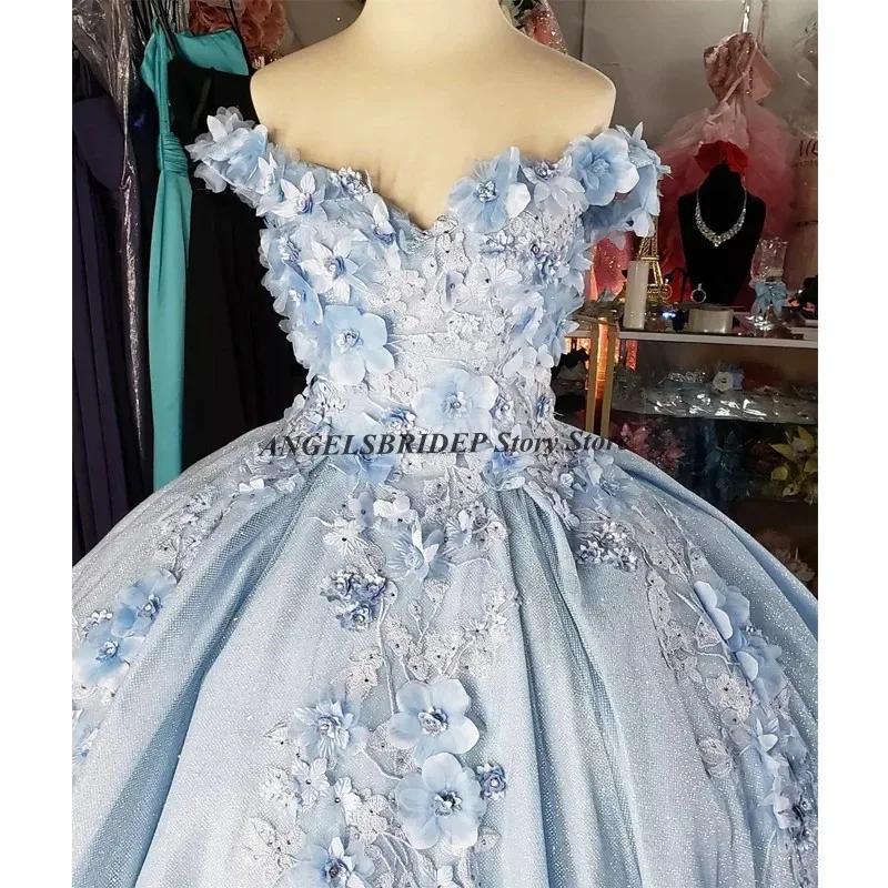 Angelsbridep Sparkly Sky Blue Quinceanera abiti in rilievo 3D Flowers Vestidos 15th Birthday Party Wear Princess Sweet 16 Dress