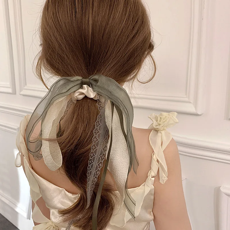 French elegant mesh ribbon headband female tied hair super fairy bow hair rope Sen hair ring head rope headdress summer