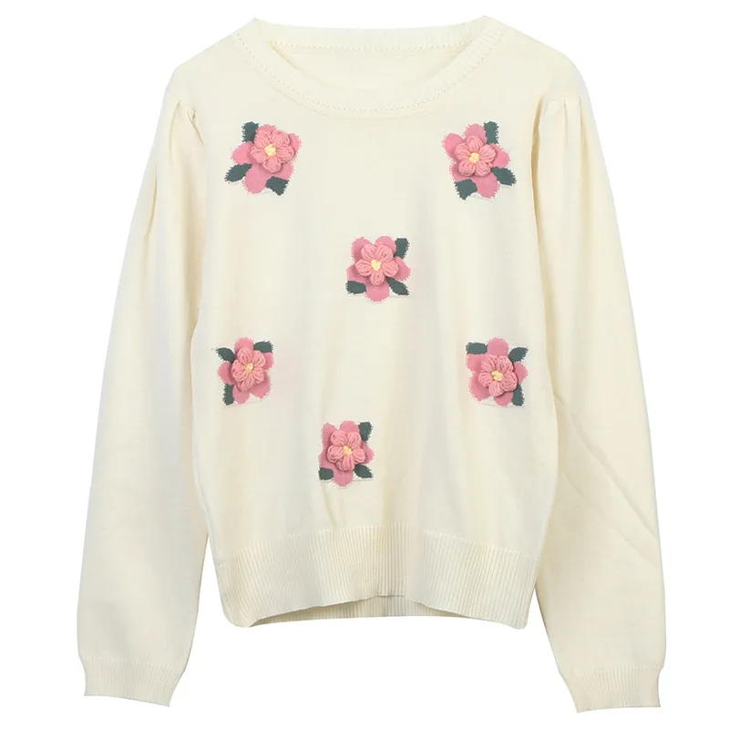 

2025 New Women Sweater Long Sleeve White Pink Crew Neck