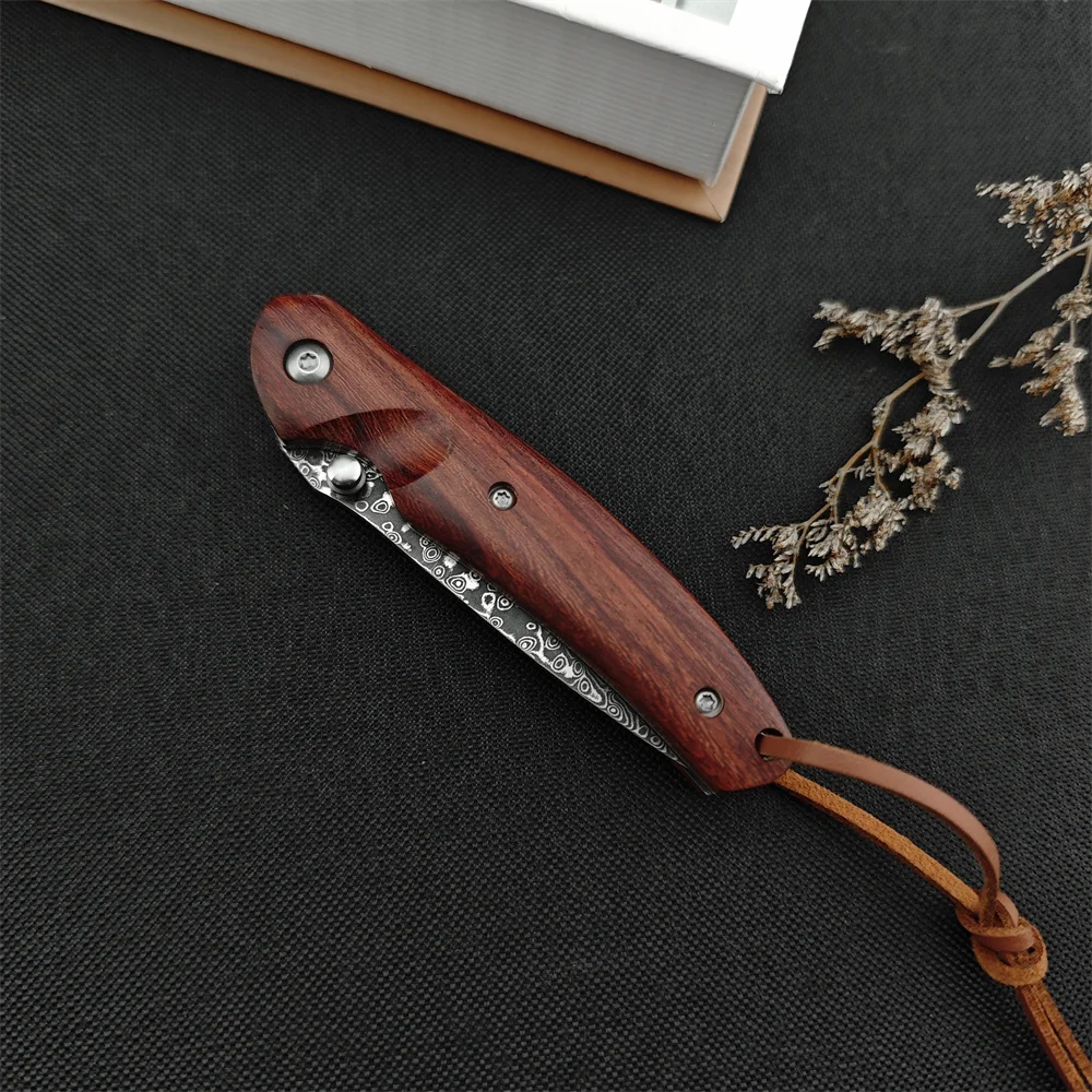 New Damascus Blade Outdoor Tactical Folding Knife Color Wood Handle EDC Men\'s Camping Hiking Hunting Survival Tool