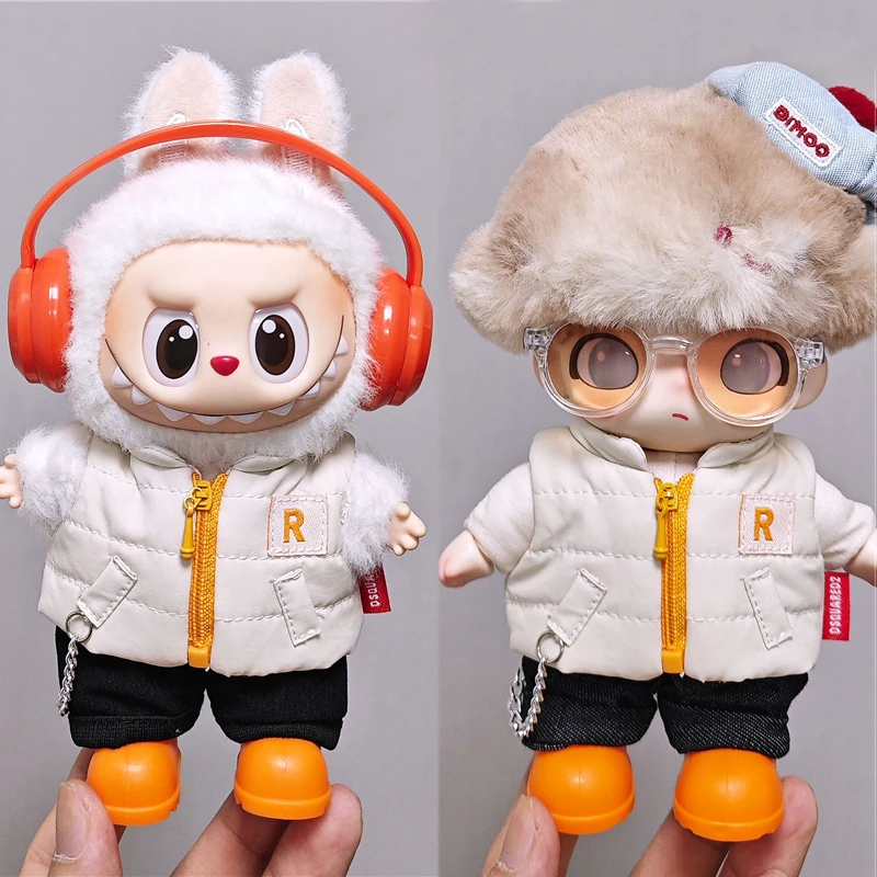 ل 15 17 سنتيمتر Labubu دمية بلون الشتاء أسفل سترة مع أحذية الجينز الزي الكامل الملابس اللون حجب تي شيرت الملابس