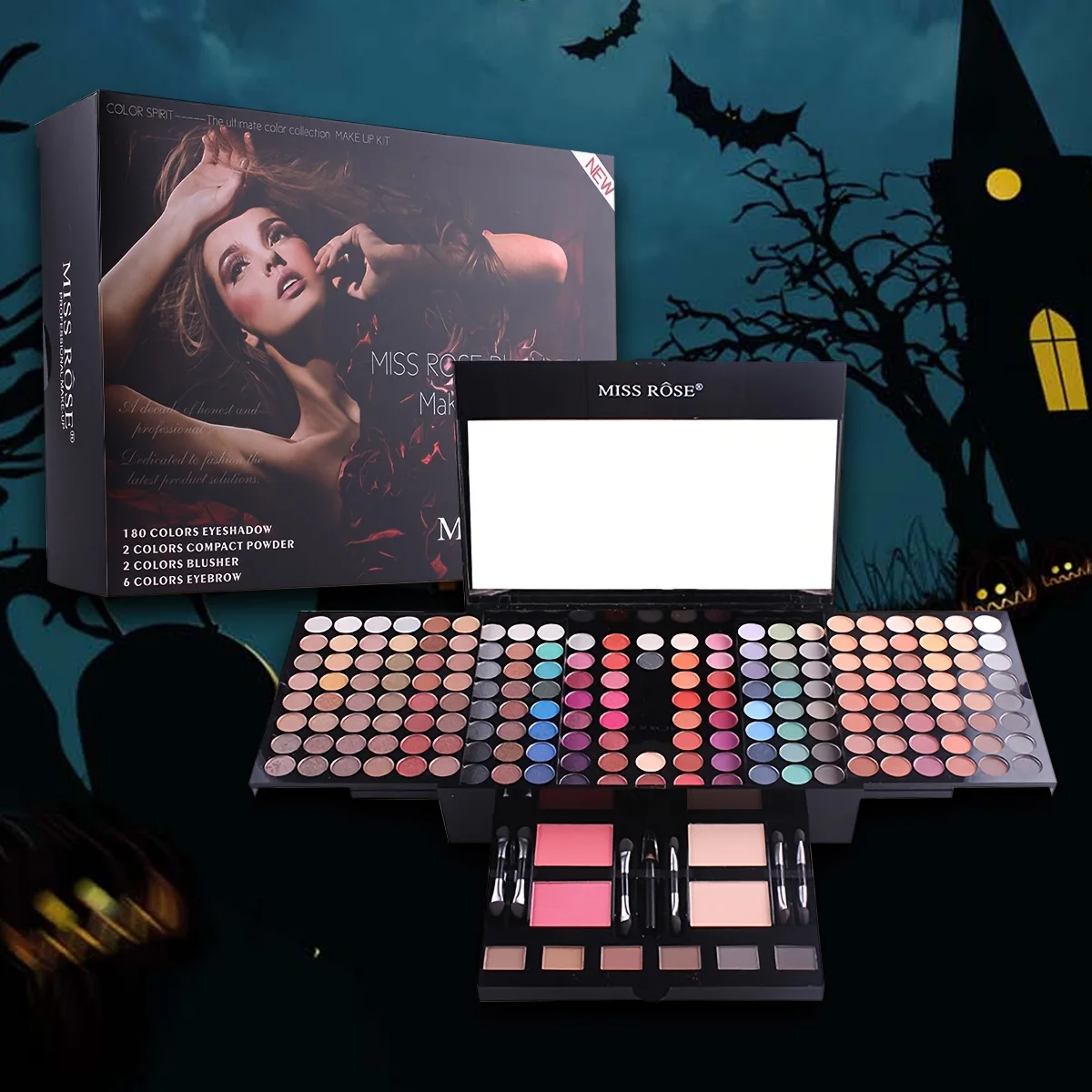 Palette de maquillage professionnelle 190 couleurs, fard à paupières, fard à joues et poudre à sourcils 4 en 1, livrée avec miroir et un ensemble complet de pinceaux,