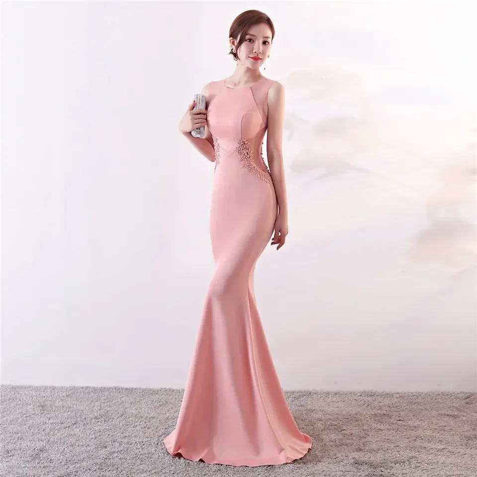 Evening Dress Pink Jersey Sexy O-neck Sleeveless Mermaid Trumpet Floor Length Plus size Customizied Women Party Formal Gown