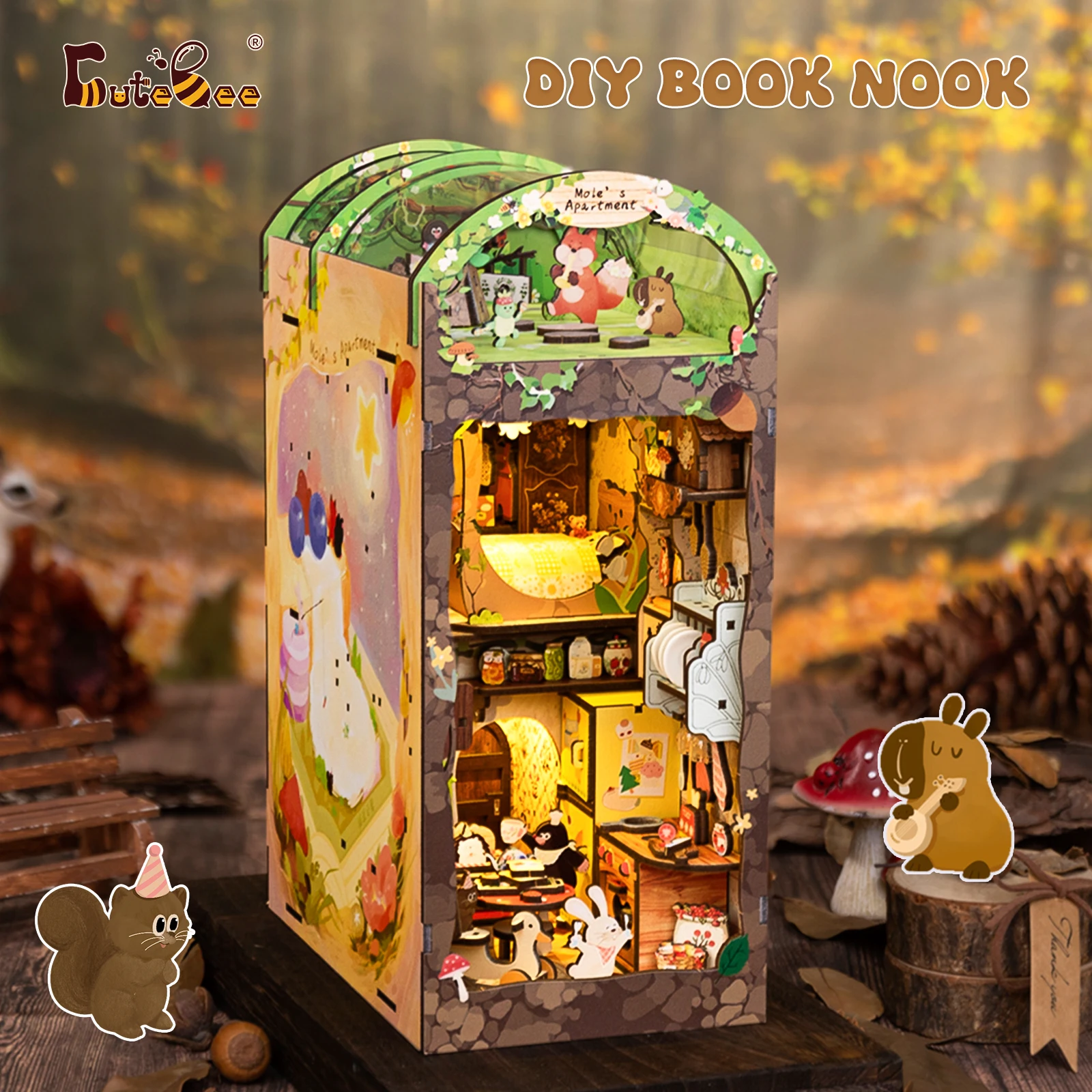 CUTEBEE DIY Book Nook Kit Mole's Apartment Miniature Dollhouse Wooden 3D Puzzle Bookshelf Insert with Touch LED Light Dust Cover