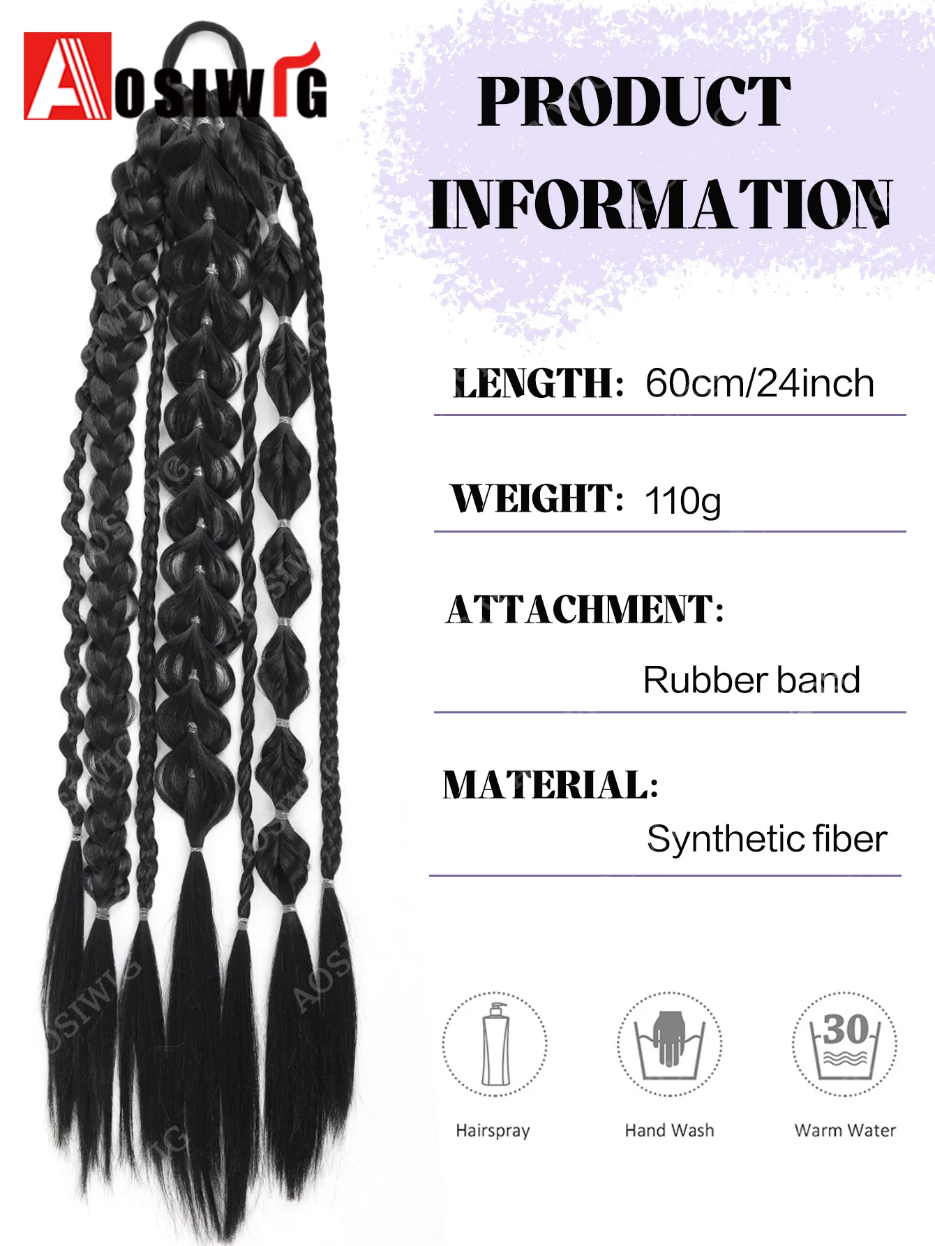 24 Inch Synthetic Long Bubble Lantern Braided Ponytail Hair Extensions With Elastic Hair Band Ponytail Hairpiece For Women