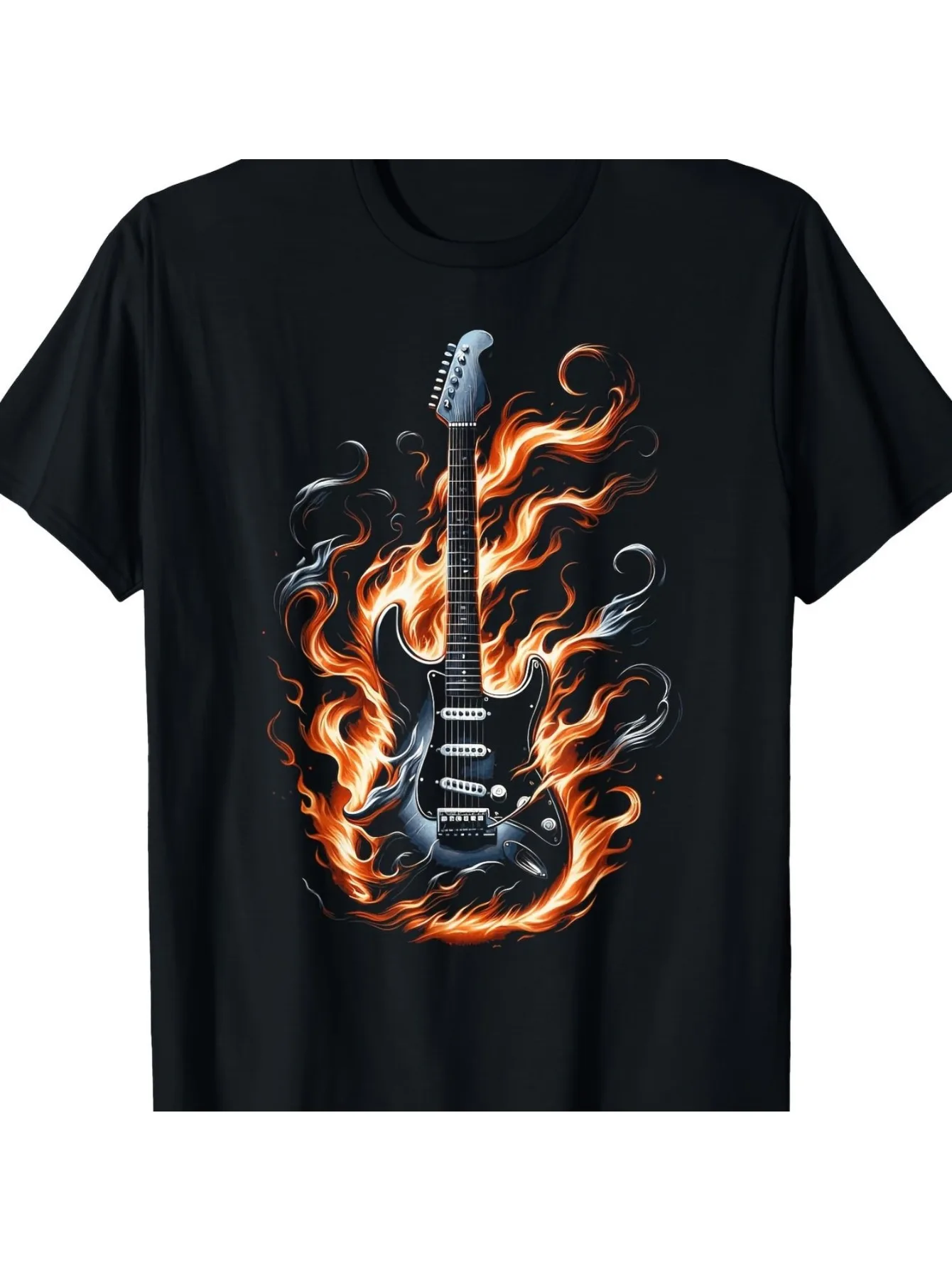 Men's Black Electric Guitar & Flame T-Shirt - Tee Suitable for Music Fans, Loose Fit Round Neck Short Sleeve, Breathable All-Season Shirt with Burning Guitar Design for Concerts & Casual Wear