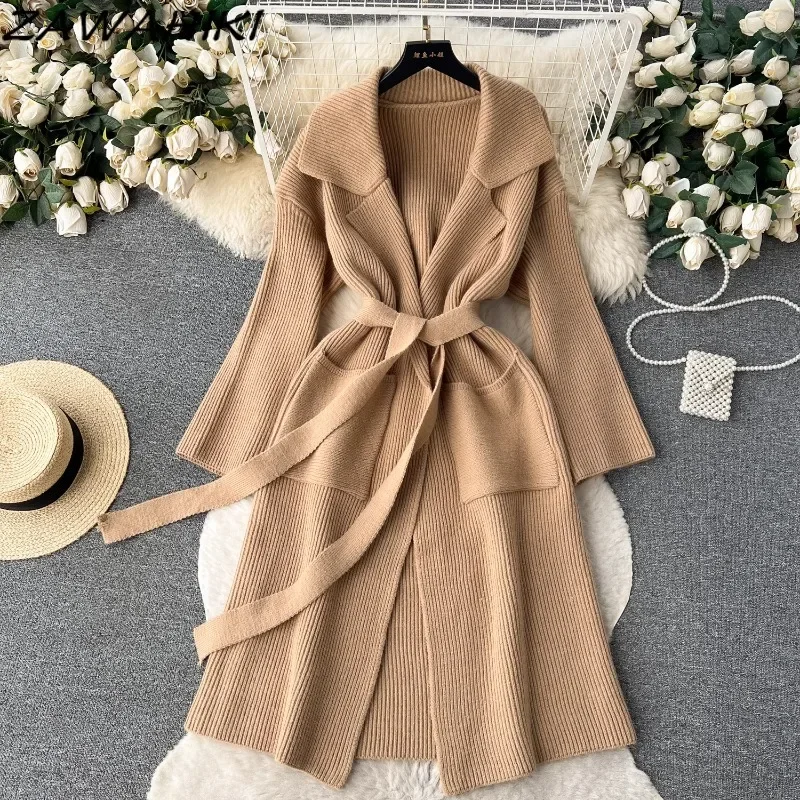 

Sweater Coat Female Bandage Pocket Designer Cardigan Tops Solid Color Korean Ropa Mujer Temperament Office Lady Women Clothing