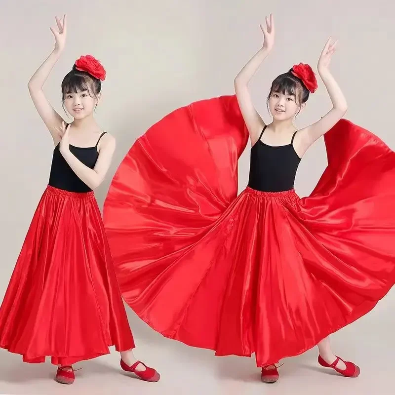 Kid Girl Gypsy Spanish Flamenco Skirt Satin Smooth Big Swing Carnival Party Ballroom Belly Dance Festival Stage Costume