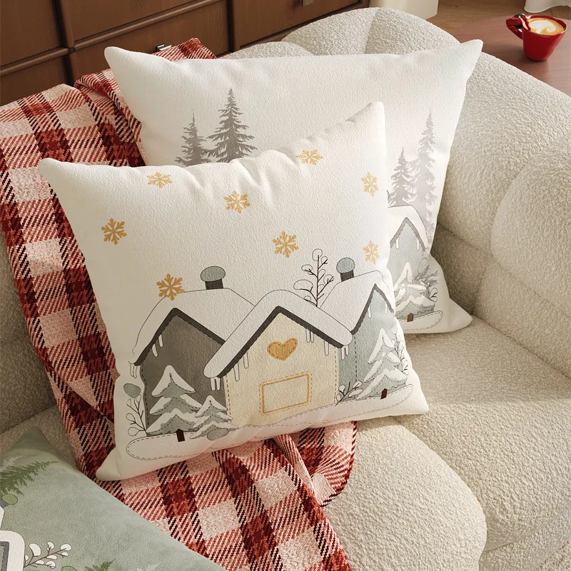 2-piece Christmas Snow House Printed Cushion Cover Soft Velvet Feel Pillow Case Holiday Party Decorative Throw Pillow Cover 2