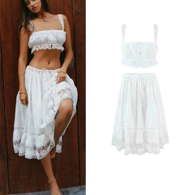 

Spring New Women's Square Collar Svel Lace Patchwork ter Vest High Waist A-Line Skirt Faion Set Two-Piece Suit