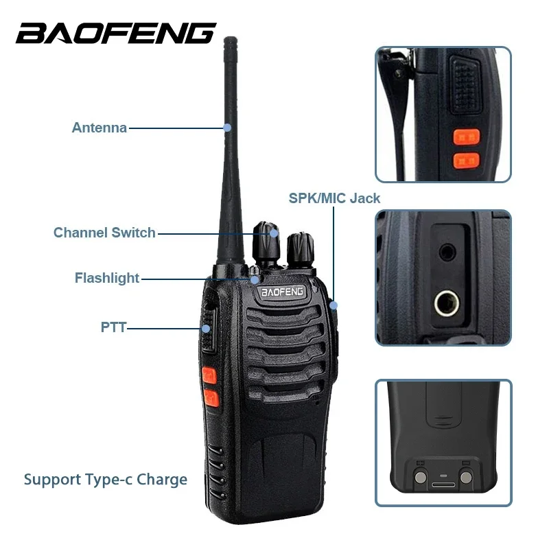 Baofeng BF-888S C타입 워키토키, 고출력 햄 라디오 USB-C 충전 잭, 장거리 라디오, 5W, UHF 400-470MHz, BF888