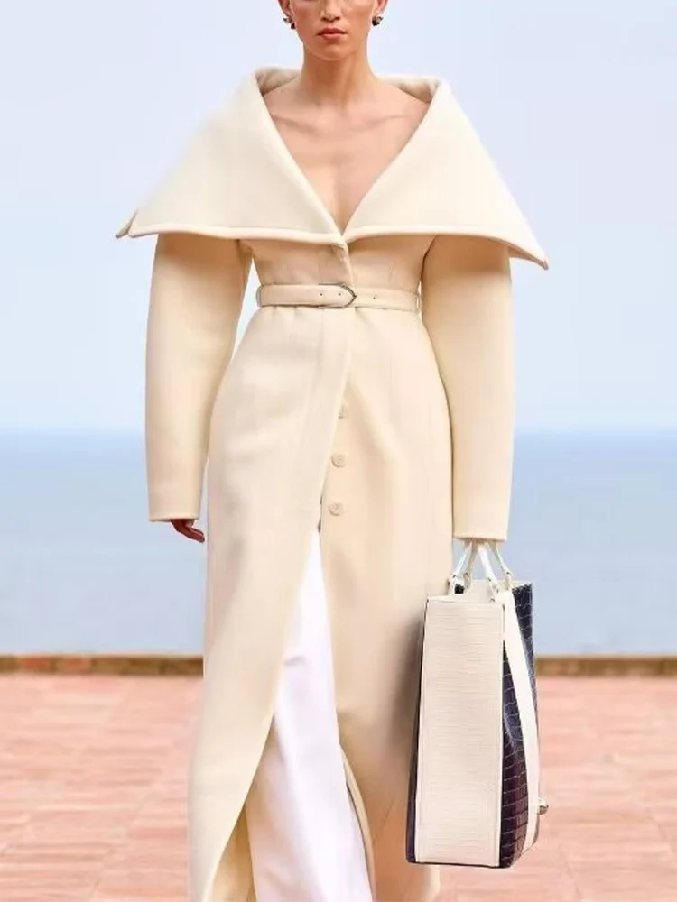 

European and American style autumn new women's clothing fashionable loose casual belt with large lapel coat long woolen coat