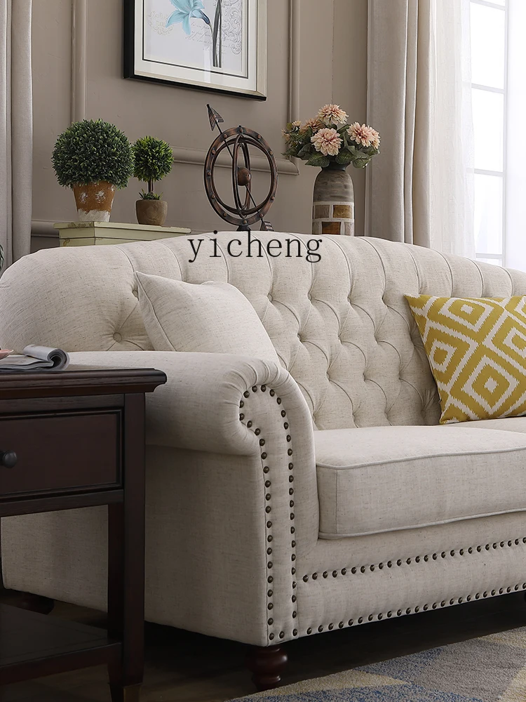 ZF Country Style Fabric Sofa Small Apartment Cotton Linen Pull Nest Buckle Living Room Three-Seat Combination Furniture