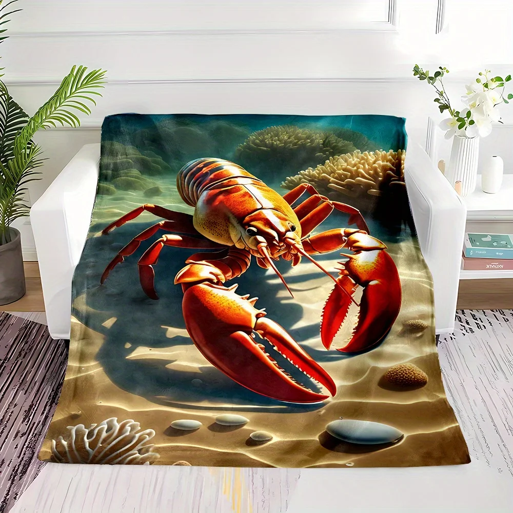 Realistic Red Lobster Marine Life Pattern Flannel Blanket Warm Cozy Printed Throw Blanket for Living Room Bedroom Travel