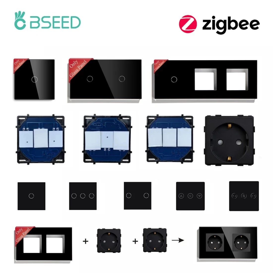 BSEED Zigbee 1/2/3Gang Smart Touch Switches Glass Panel Wall Socket Frames DIY Function Parts Tuya Smart Life App Control