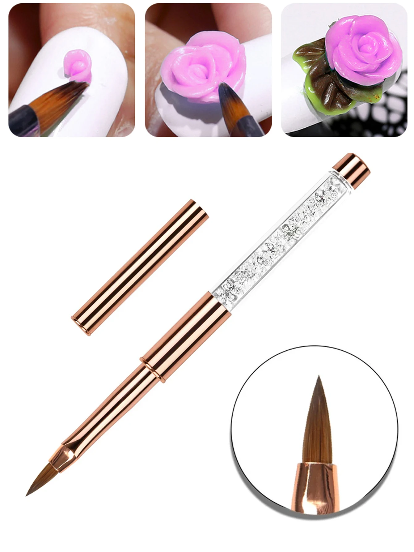 1Pc Rose Gold 3D Acrylic Nail Brush Liquid Powder Carving Extension Building Pen Brush Manicure Nail Tip Flower Drawing Painting