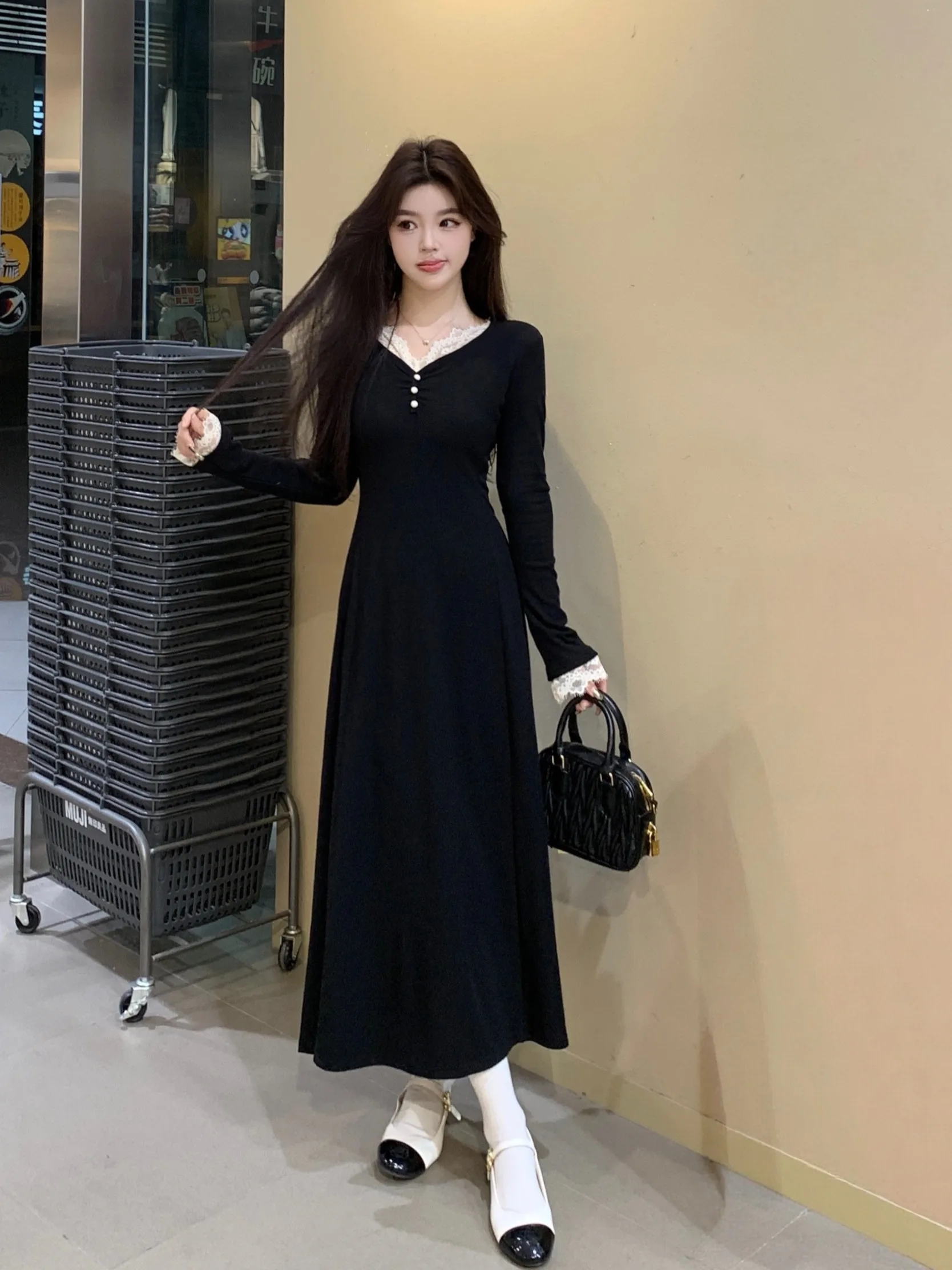 

plus Size Knitted Lace Trim Dress Women's Autumn Winter New Style Waist Cinching Long Dress Commute Style Korean Version Slim...