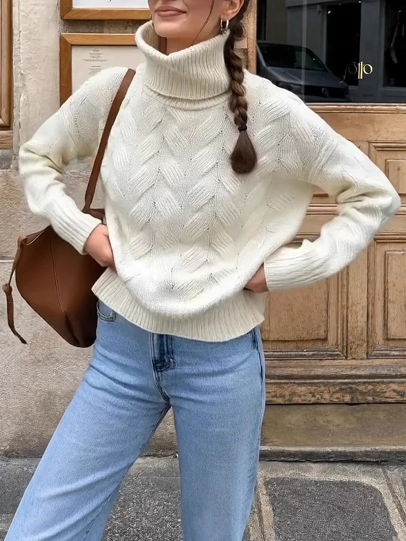 Damski sweter na jesień i zimę, minimalistyczny, jednolity kolor, długi rękaw, golf, codzienna bluzka.