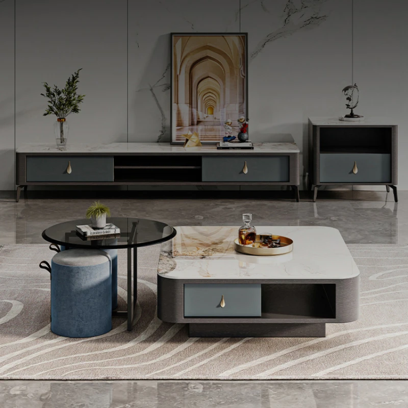 

Light Luxury Slate Tabletop TV Stand with Storage Space Fashion Floor Round Coffee Table and Cabinet for Living Room