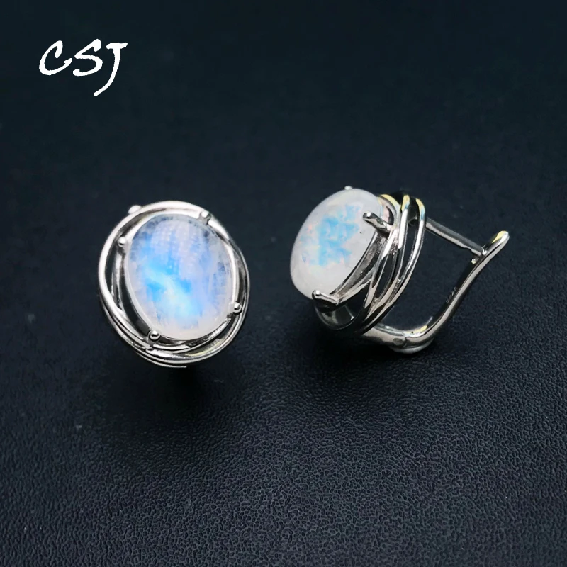 

CSJ Elegant Natural Moonstone Earring Sterling 925 Silver Quartz Gemstone 9*12mm for Women Birthday Party Jewelry Gift