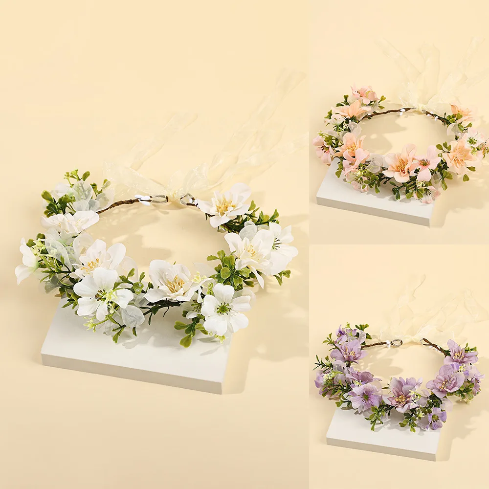 Light Purple Floral Headbands Boho Style Summer Beach Headdress Bride Wedding Flower Crown Ribbon Headwear Women Beach Hairbands