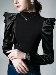 Standing Collar Long-sleeved T-shirt Shirt Women's Spring and Autumn New French Bubble Sleeve Black Korean Y2k Tops