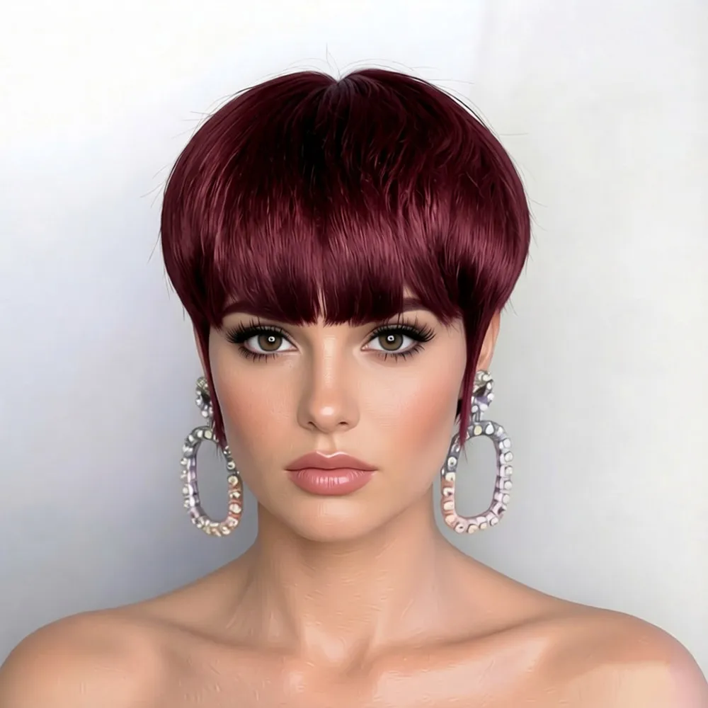 

Короткий прямой парик из натуральных волос 99J черного цвета, машинной работы, парик-пикси черно-коричневого цвета для женщин, для повседневного использования и вечеринок, парик с стрижкой пикси.