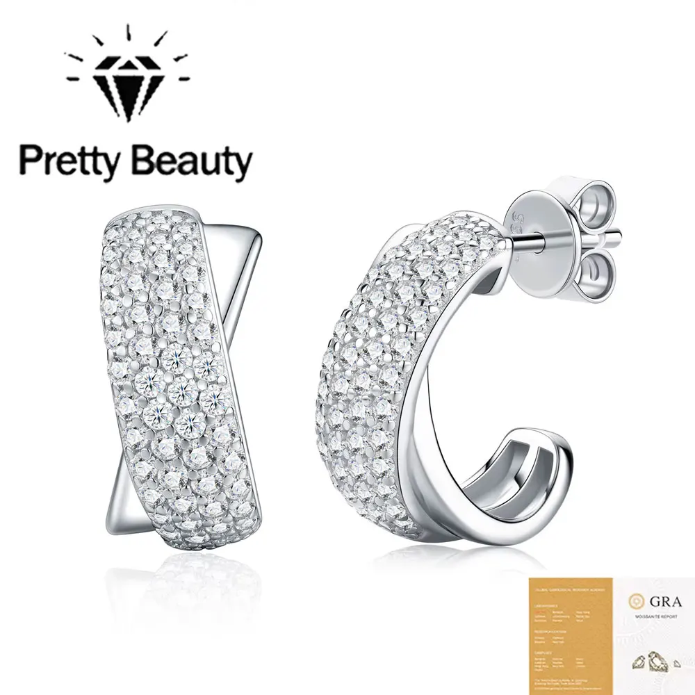 Pretty Beauty Moissanite Stud Earrings for Women S925 Silver Wide Chunky X Shaped Full Pave Diamond Huggie Hoop Earrings Jewelry