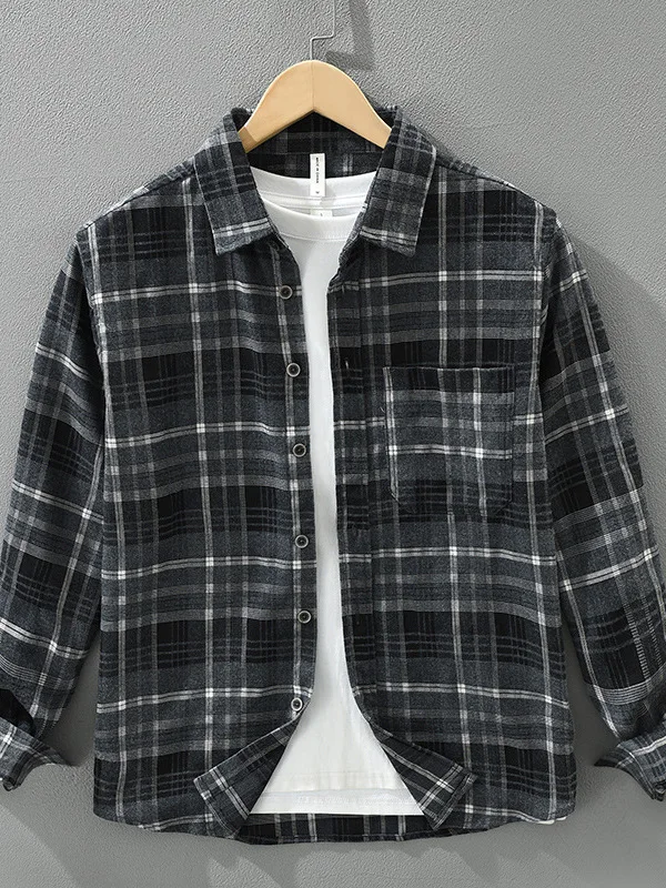 

Trendy Long Sve Collared Men's Casual Loose Comfortable Versatile irt Faionable Plaid Elastic Loose Fit Top