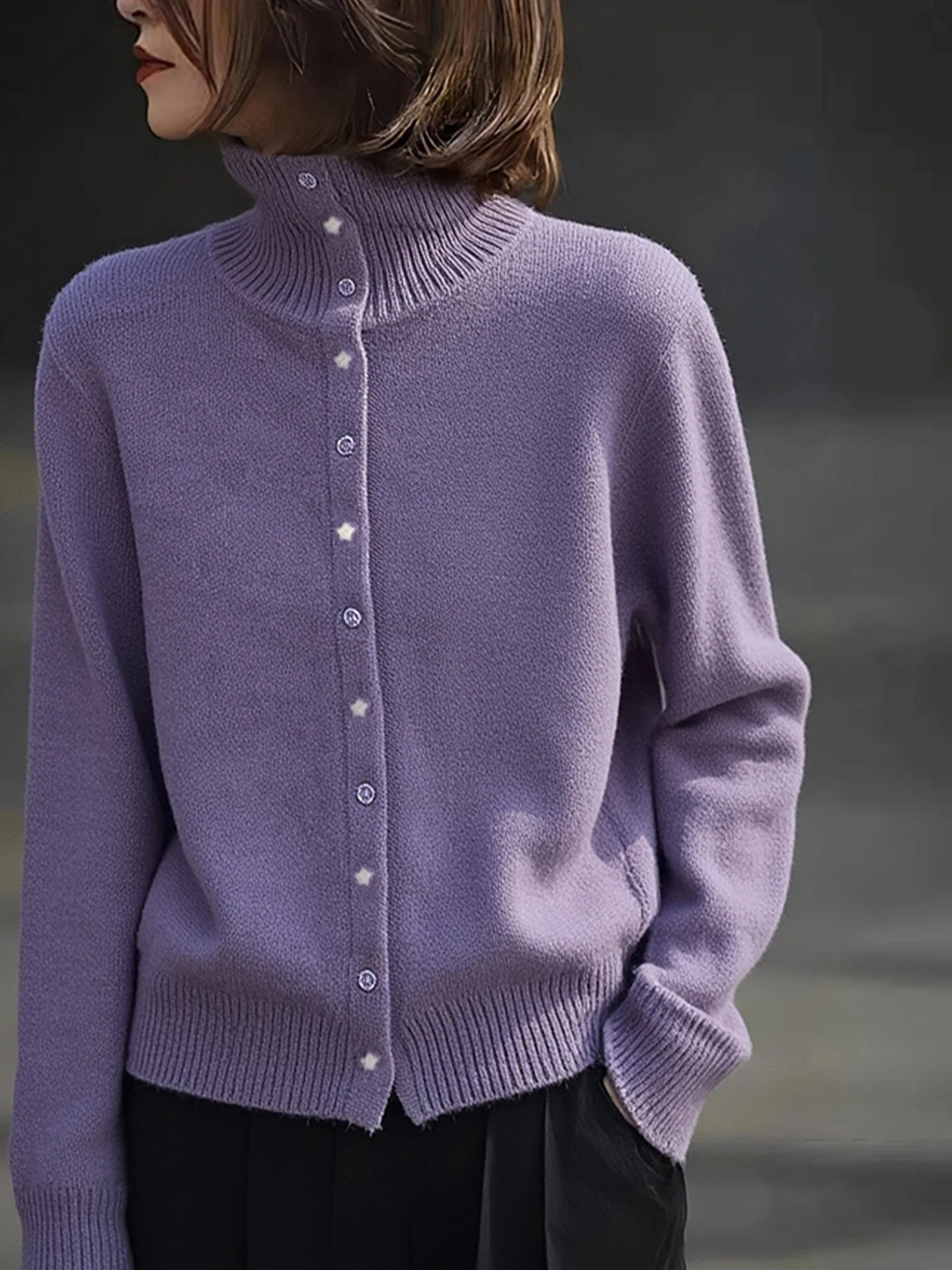 Faionable col haut bouton unique chaud Camere pull polyvalent Simple trajet Long Sve Base irt hiver 2025