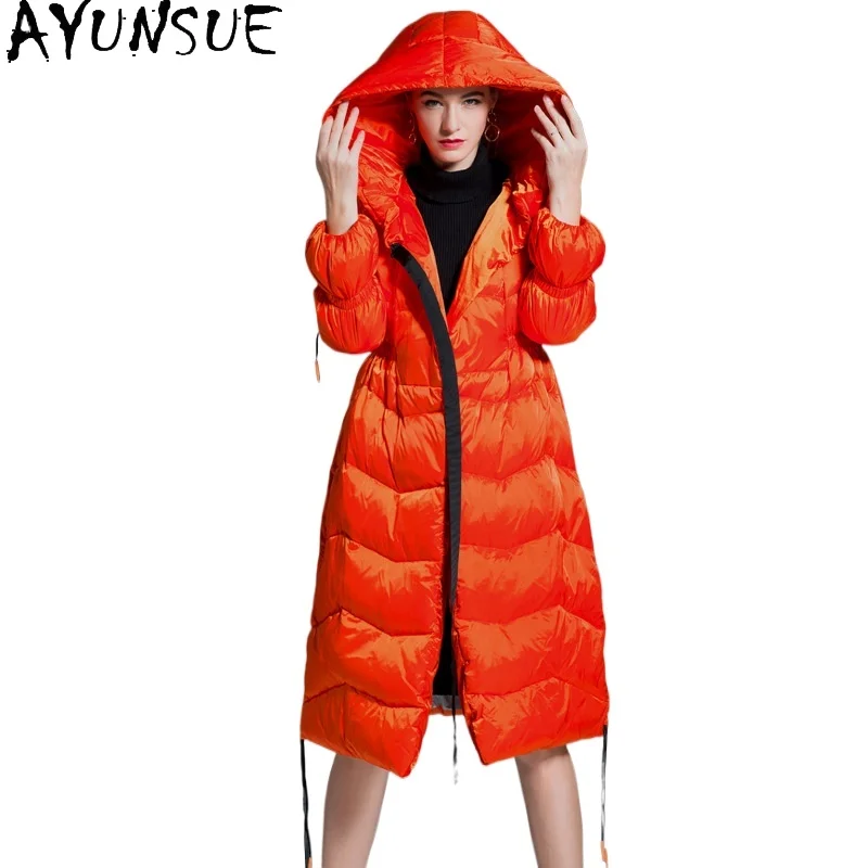 AYUNSUE White Duck Down Puffer Jacket Women Luxury Long Down Coats with Hood Winter Warm Clothes Loose Fit 2024 Пуховик Женский