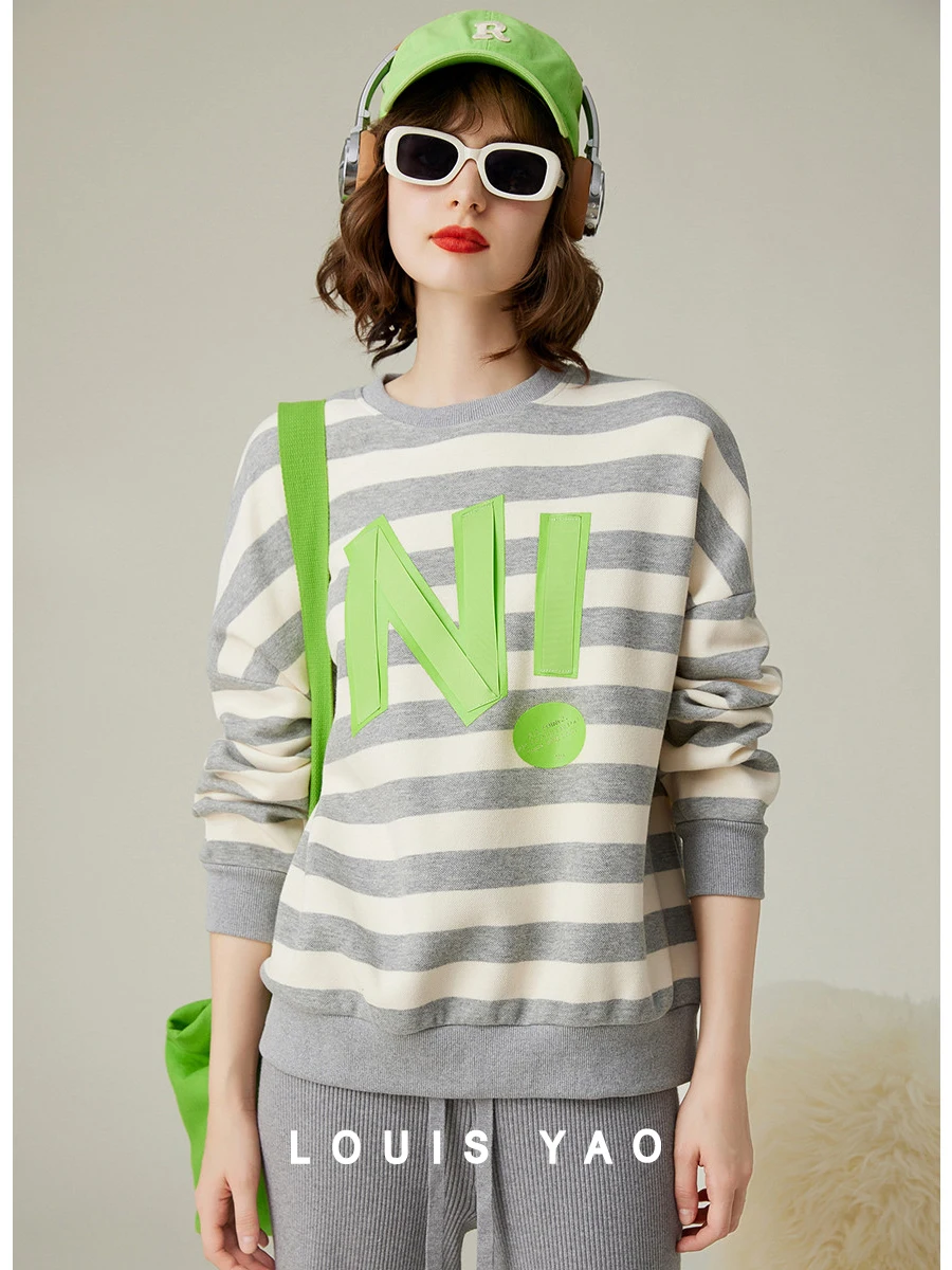 LOUIS YAO Women Striped Sweatshirt 2023 Autumn Letter Print Sequin Embroidery Round Neck Top