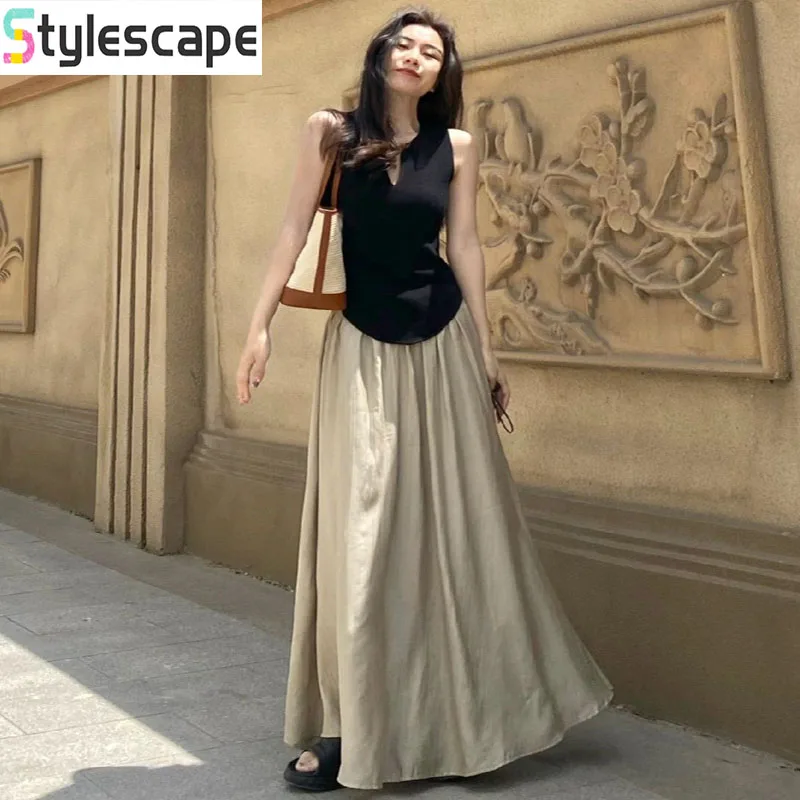 

2026 Summer Fashion Temperament Set Knitted Sleeveless U-neck Vest Top Slimming Half Body Long Skirt Two-piece Set for Women