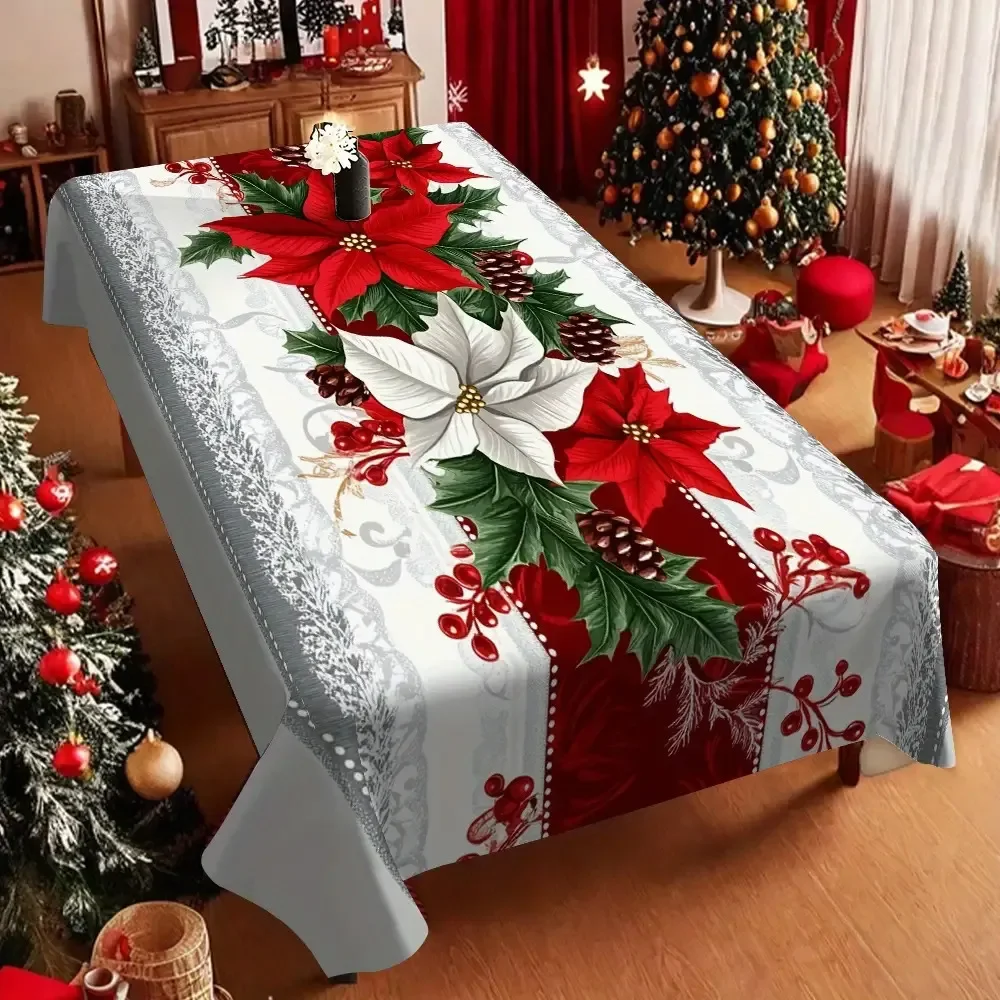 One vintage Christmas tablecloth - Red potted flowers, wintergreen berries and elegant white backgroundxzj