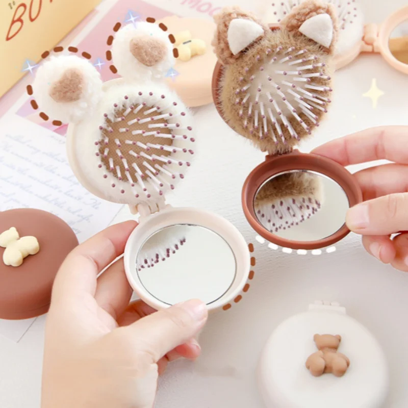 Cute Kid Hair Brushes Mini Lovely Cartoon Bear Hair Combs with Mirror for Children Girl Small Portable Massage Comb Hair Rope