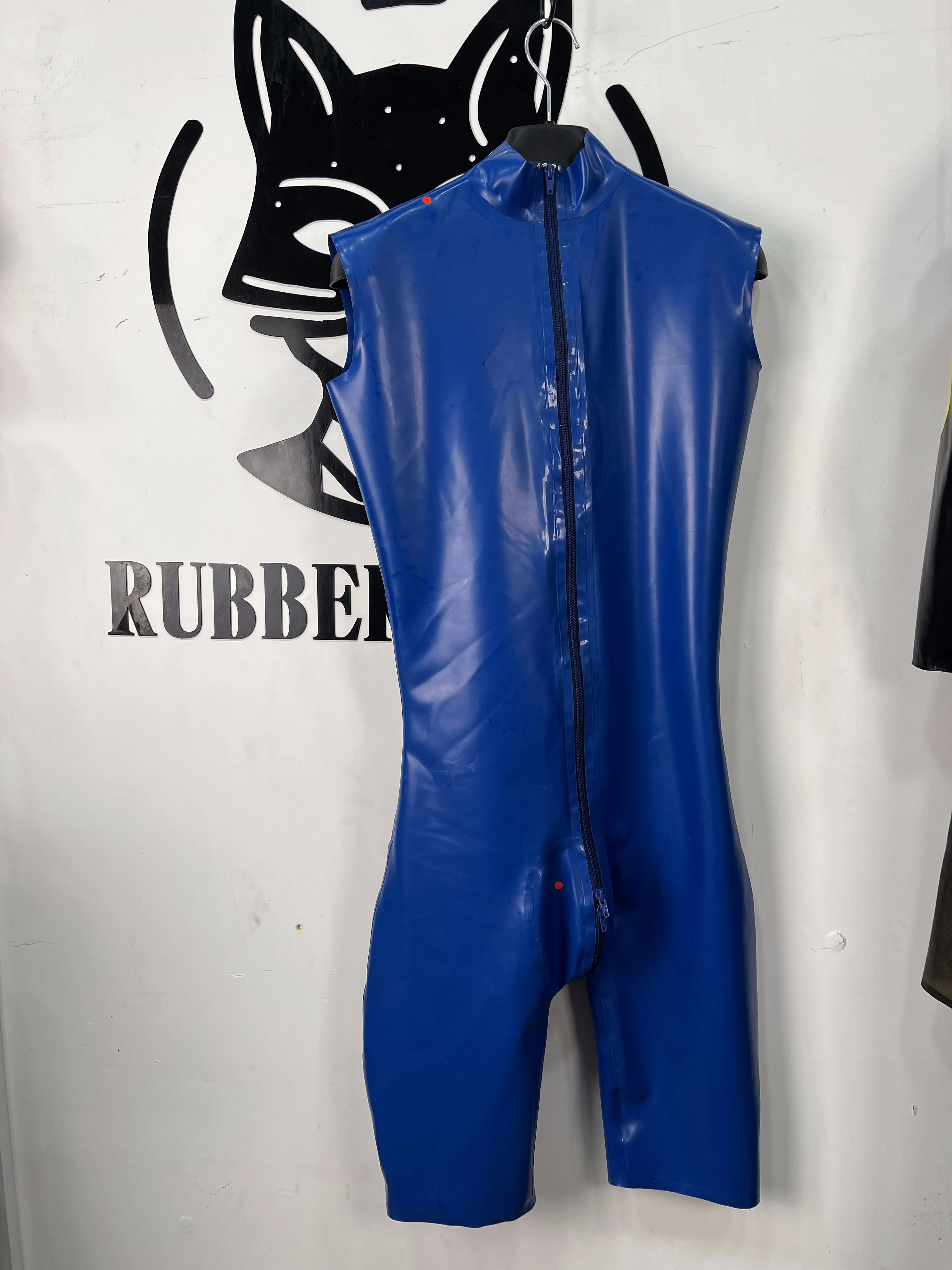 

Men's Rubber High Elastic Blue Latex Bodysuit Form-Fitting Sleeveless Knee-Length Catsuit with Convenient Front Zipper ﻿