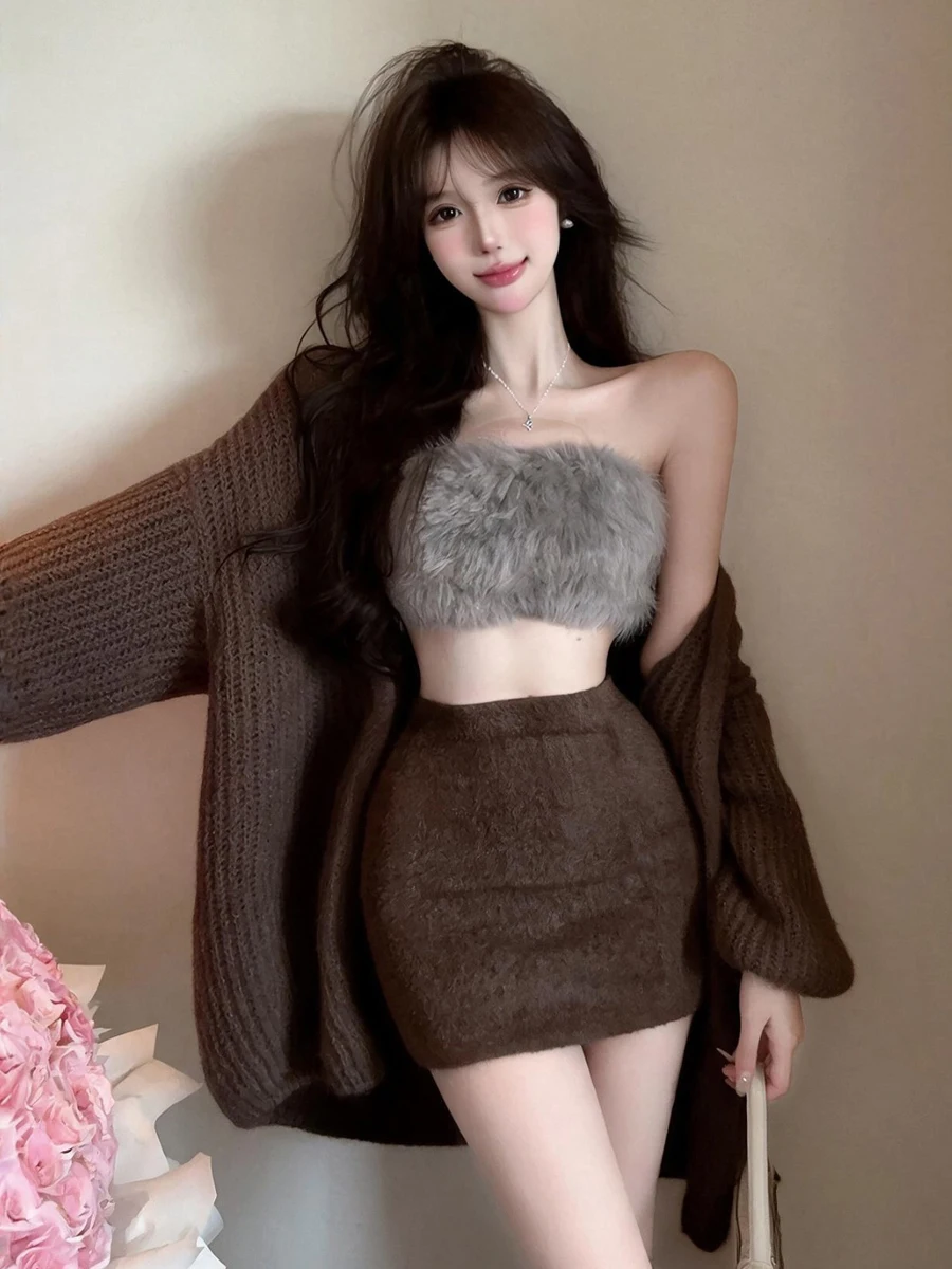 Pure Desire Sexy Girl Plush Wrap Chest Sweater Cardigan Outerwear Short Skirt Three Piece Set Women's Fashion Slim Fit Ensemble