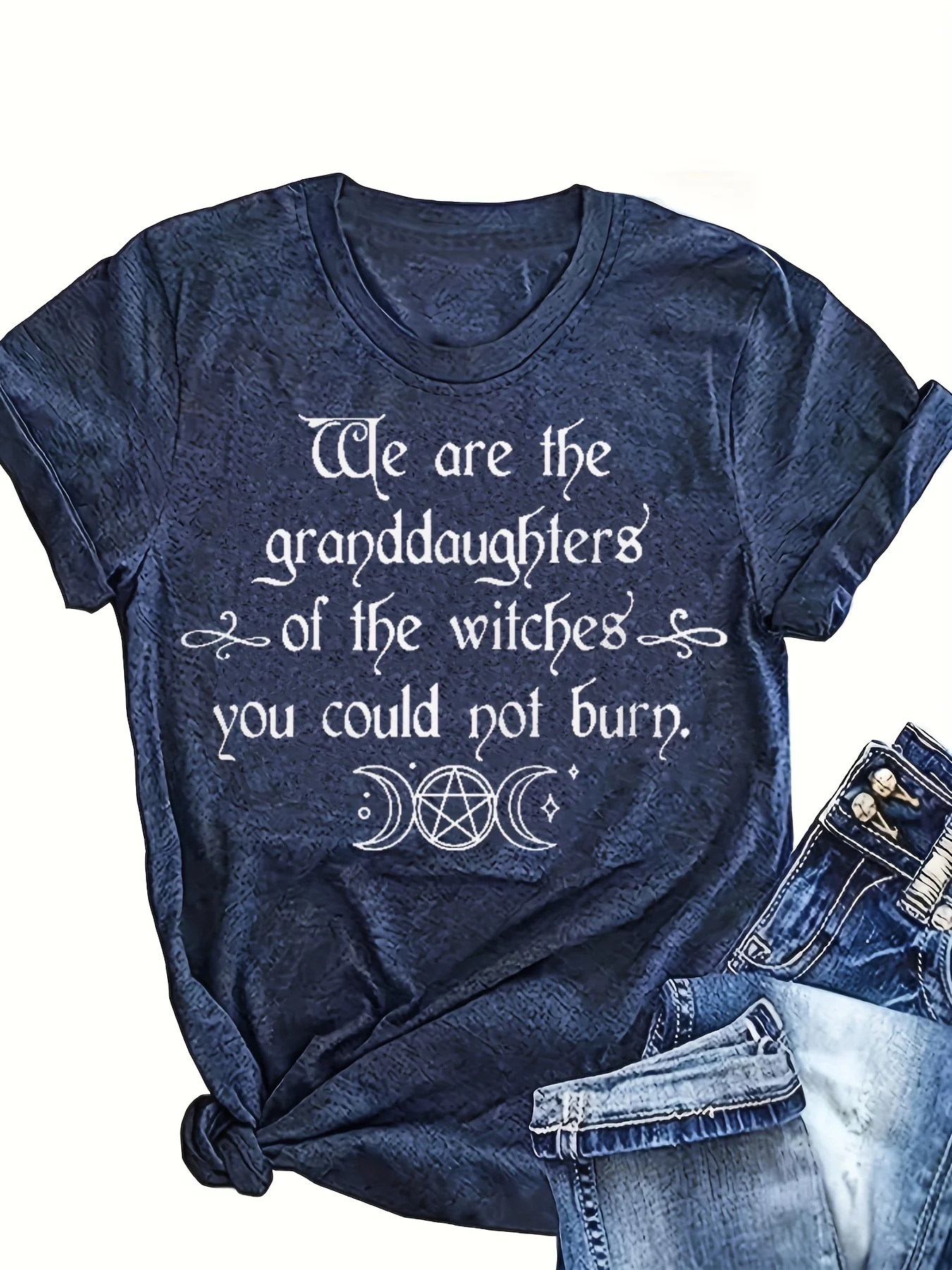Camiseta para mujer We Are The Granddaughters Of The Witches You Could Not Burn - Gráfico feminista con temática de brujas, top informal azul marino