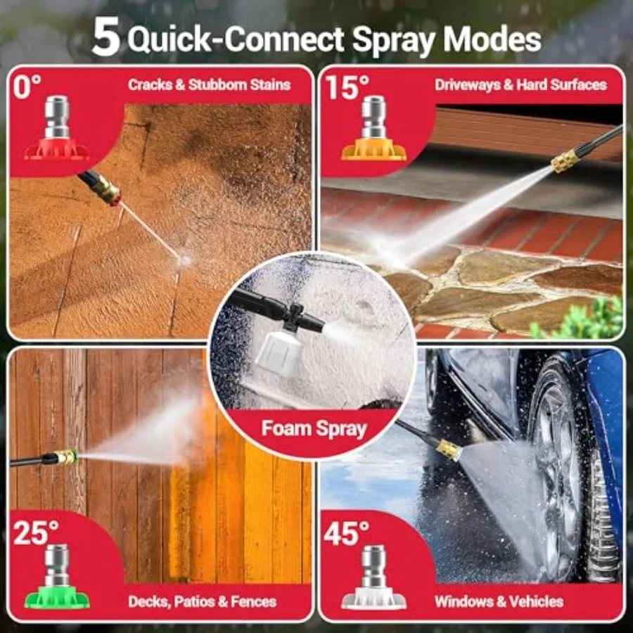 Portable Electric Pressure Washer with Foam Cannon and 4 Quick Connect Nozzles for Efficient Outdoor Cleaning of Cars Driveways
