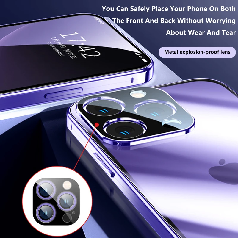 360° Double Sided Glass Magnetic Adsorption Metal Snap Lock Case For iPhone 15 14 16 13 12 11 Pro Max Camera Lens Protect Cover