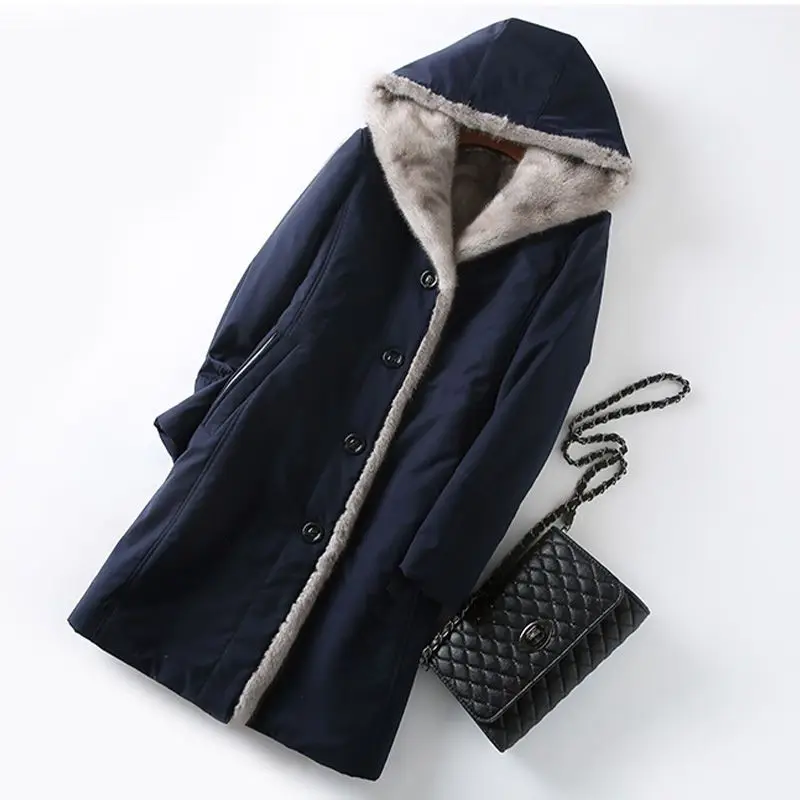 2024 Autumn Winter New Snow Parkas 4XL Women\'s Long Coat Korean Loose Faux Mink Fur liner Faux fur Jacket Warm Hooded Overcoat