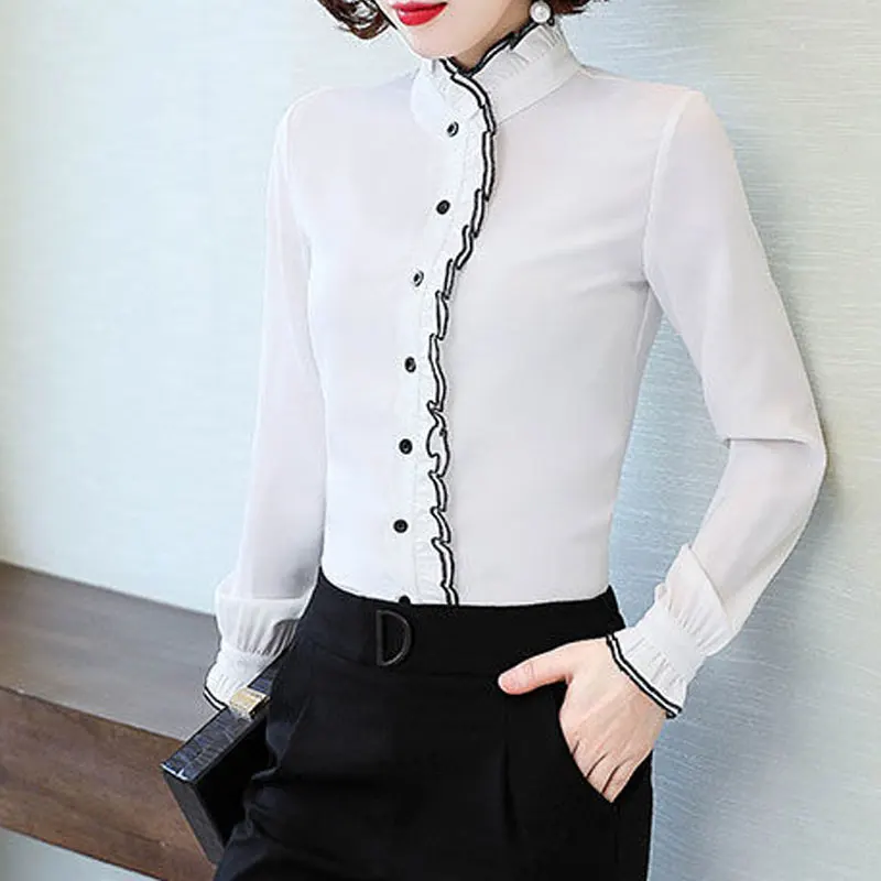 Lace Ruffles Chiffon Shirts Women\'s Clothing 2023 Autumn Winter New Office Lady Long Sleeve Pullovers Vintage Elegant Blouse 3XL